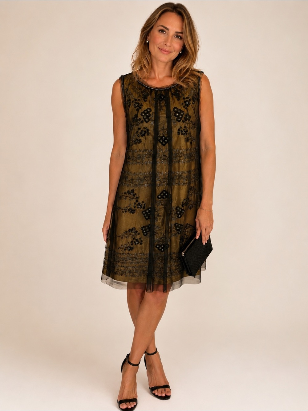 HOSS Intropia embellished Sequin Mesh Shift Dress Sleeveless Gold Black 38 S